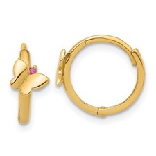 12.25mm 14K Yellow Gold Polished Pink CZ Butterfly Hinged Hoop Earrings