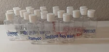 Lot of Travel Size Shower/Bath - 2oz Plastic Bottles w/Lids and Labels on Each