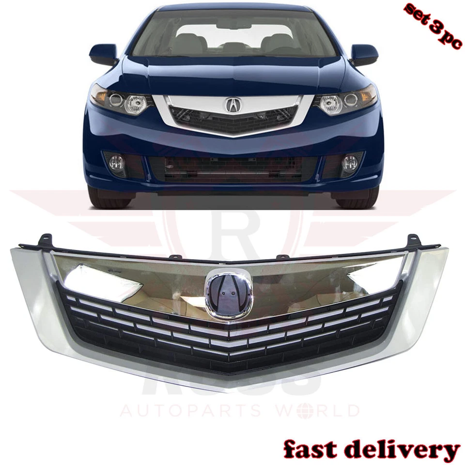 Fits 2009-2010 Acura TSX New Grille Black + Upper Lower Molding Trim Silver 3pc - Image 2 of 4