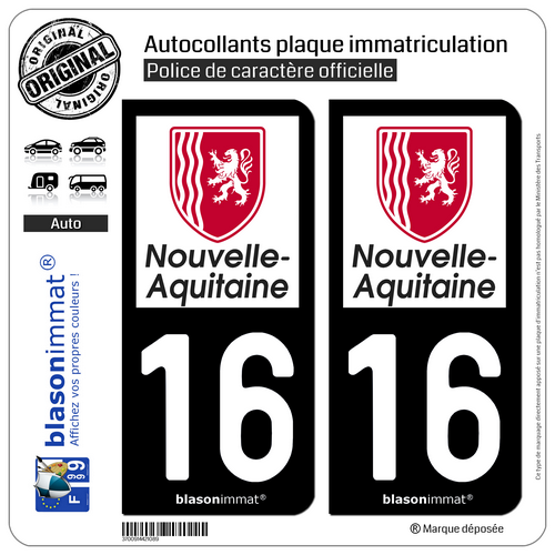 2 Stickers autocollant plaque immatriculation 16 Nouvelle-Aquitaine - Région - Picture 9 of 9