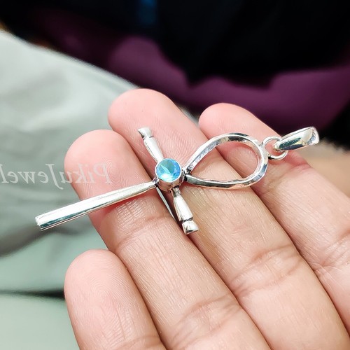 Ciondolo croce in argento sterling 925 con pietra preziosa topazio blu... - Foto 4 di 6