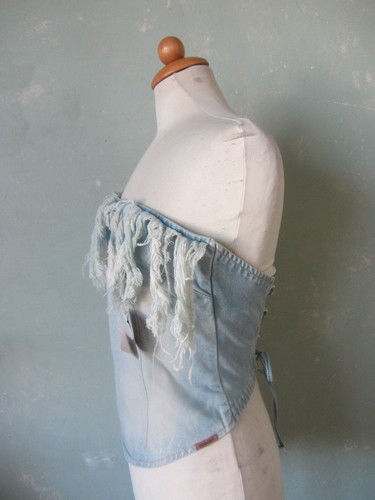 Morgan de toin Top Bluse Jeansstoff blau Fransen Rückenschnürung 38 M (T2) - Bild 2 von 5
