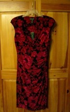 Ralph Lauren Fitted Dress size 8, Black & Red Multi, Polyester Knit Draped Front