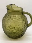 Vintage Anchor Hocking Lido Milano Crinkle Glass Ball Pitcher Avocado Green