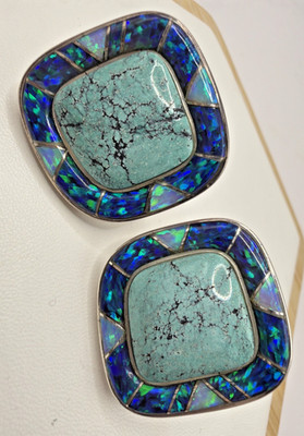Sajen Sterling Silver Turquoise and Opal Inlay Clipon Earrings STUNNING!