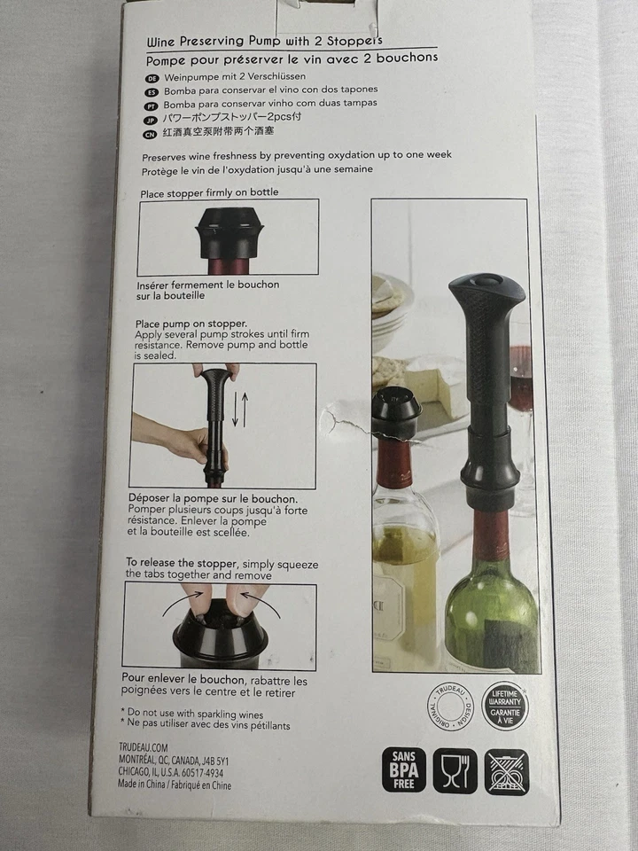Bomba Conservadora de Vino Trudeau, 2 Tapones NUEVA, Evita la Oxidación, Mantén Fresca Foto 2 de 4