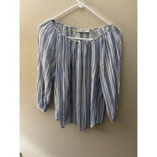 LOFT Womens M Blue White Striped Cotton 3/4 Sleeve Keyhole Neck Blouse Top A917