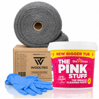 Pink Stuff Reinigungspaste 850g + Stahlwolle 250g Set Küche Bad + Handschuhe