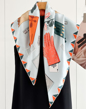 100 Twill Silk Scarf 88X88cm Bandana Square Blue glove print Women Wrap new