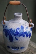 Vtg ROWE POTTERY Miniature MAPLE SYRUP Jug BLUE SALT GLAZE Wire/Wood Handle 1992