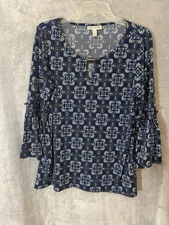 Dana Buchman Women’s Blouse Large Navy Blue Floral Geometric Print Bell Sleeve