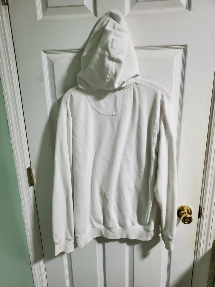 Vintage David Bitton men's white zip-up hoodie with a red and navy striped logo - Image 4 of 4