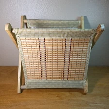 Vintage Foldable Rattan Fabric Basket Magazine Rack Knitting Folding Wooden 
