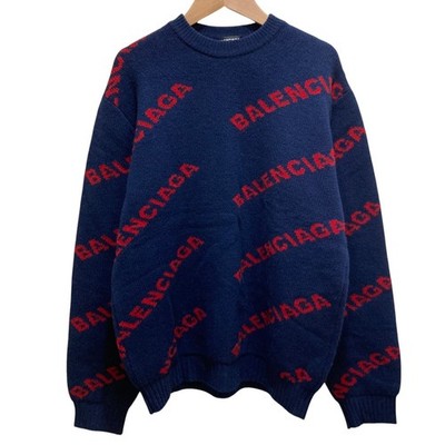 BALENCIAGA Logo Jacquard Knit Sweater, Size Small, Navy Unisex