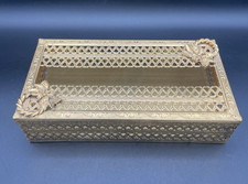VTG Gold Tone Filigree Tissue Box Holder Hollywood Regency Vanity Floral 10"x 5"