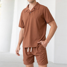 Men Summer Outfit 2-Piece Set Short Sleeve Waffle Shirt and Shorts Sweatsuit Set