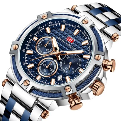Sports Wrist Watch Stainless Steel Chronograph Luminous Hands Quartz Men's Watch