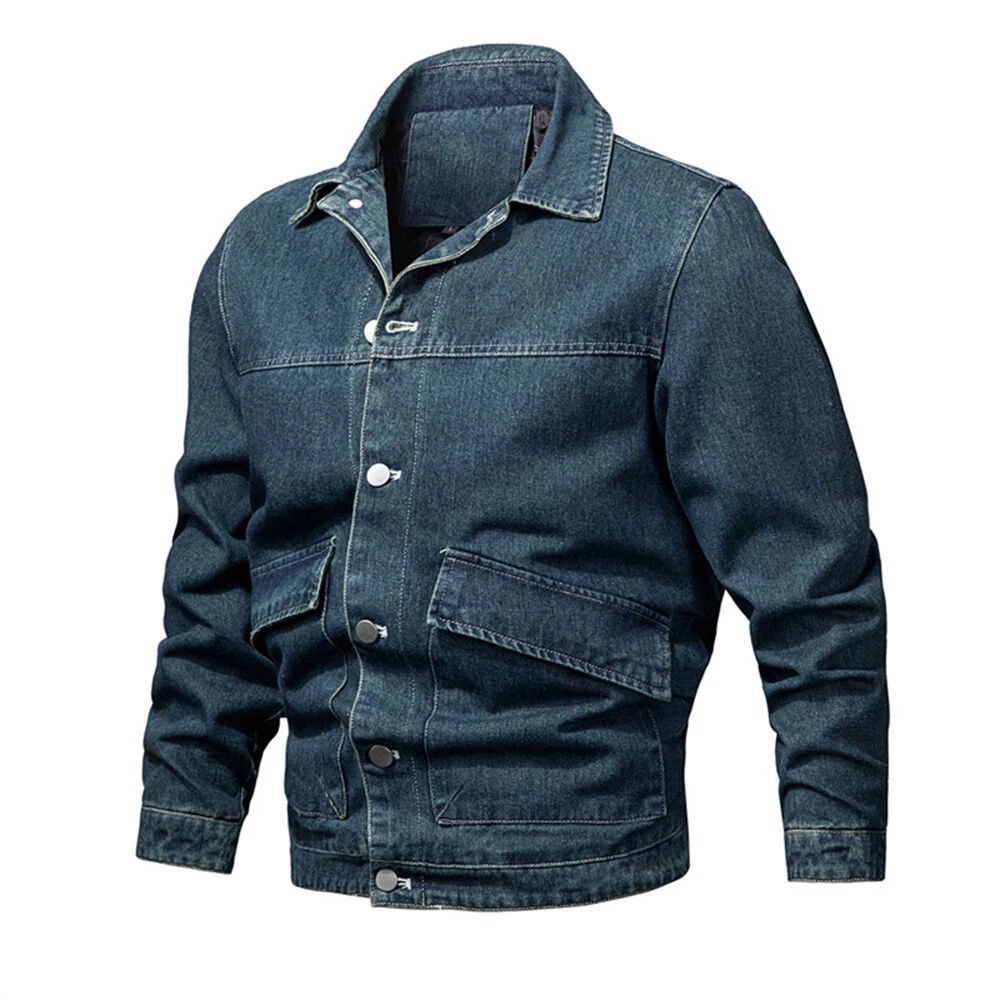 Mens Denim Jacket Jean Coat Loose Casual Clothing Long Sleeve Buttons