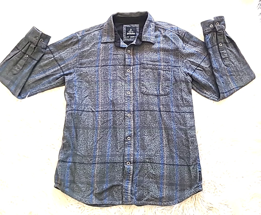 Prana Shirt Mens Medium Gray Blue Flannel Button Up Cotton Long Sleeve Outdoor