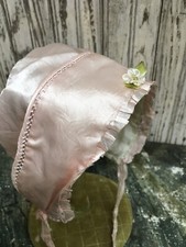 Antique Baby Bonnet Ribbon Work early 1900s Pink Satin Fabric Ruffled Trim J