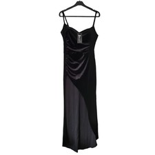 MISSORD Dress Large Black Split Thigh Ruched Velvet Cami Formal Gown Padded BNWT