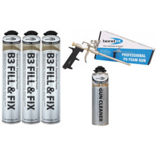3 x Fill and Fix Expanding Gun Grade Foam with Applicator Gun and Cleaner