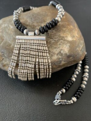 Damen Halskette Wasserfall Anhänger Design schwarzer Onyx Sterlingsilber 02148
