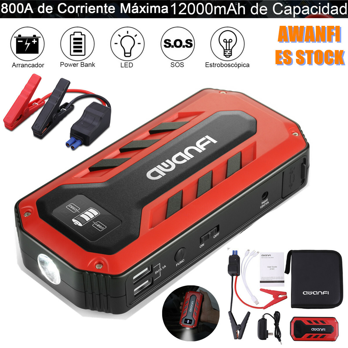 800A 12000mAh 12V Arrancador de Coche Jump Starter Booster LED Batería Cargador