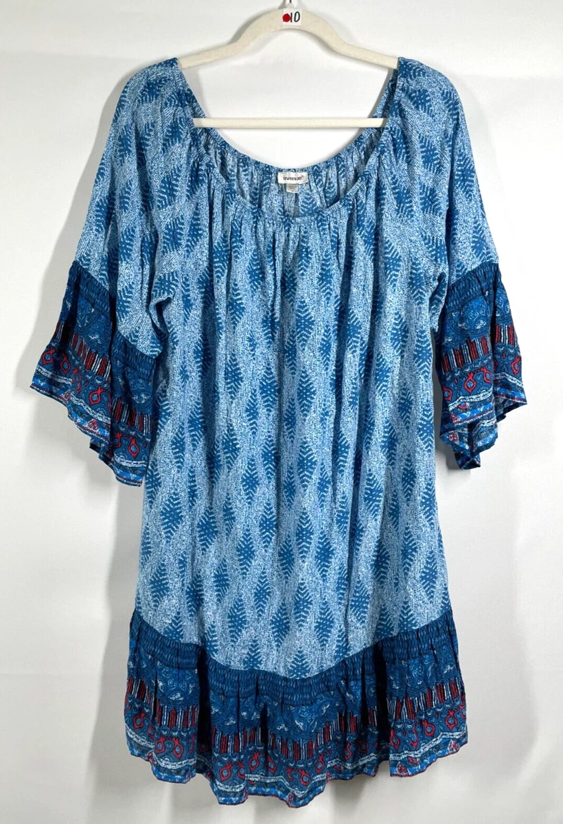 Avenue Women s Blue Print Bell Sleeve Peasant Shift Dress Kos Size