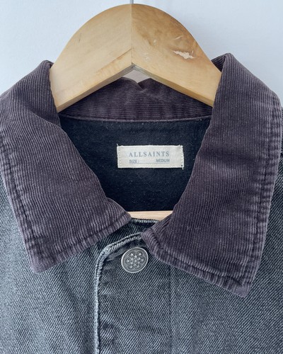 Allsaints “Baton” Washed Black Distressed Denim Jacket Corduroy Collar Medium - Picture 3 of 14