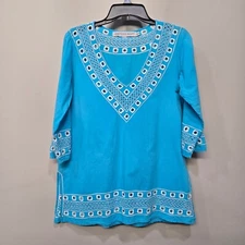 Gretchen Scott Shirt Top Tunic Small Blue Embroidery Boho Hippie Bright Summer