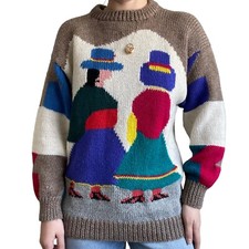 Vintage Hand Knit Peruviuan Alpaca Crewneck Oversized Rainbow Boho Sweater Sz XL