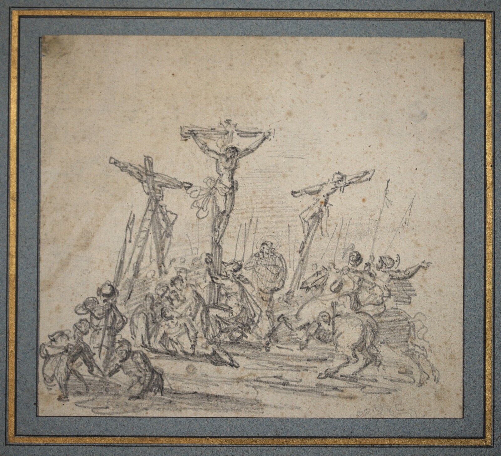 17th CENTURY FRENCH OLD MASTER PENCIL DRAWING - CRUCIFIXON CHRIST & TWO THIEVES