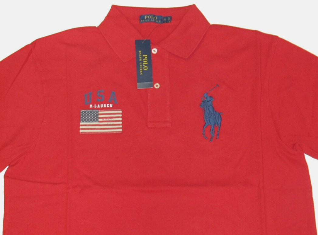 Ralph Lauren Mens Big Pony Navy Red USA America Flag Patch Polo