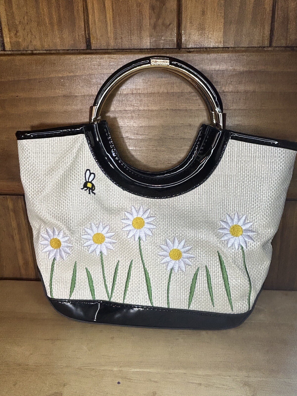 Lulu Guiness VTG Y2K 90 Embroidered Floral Daisies Bees White Purse