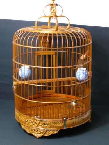 Vintage Chinese Bamboo Bird Cage Round Large Carved Asian Chinoiserie Style