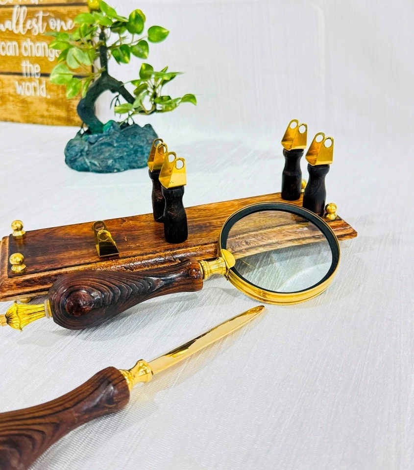 🔅 Brass Desk Set Letter Opener & Magnifying Glass Wood Handle Magnifier - Image 2 of 4