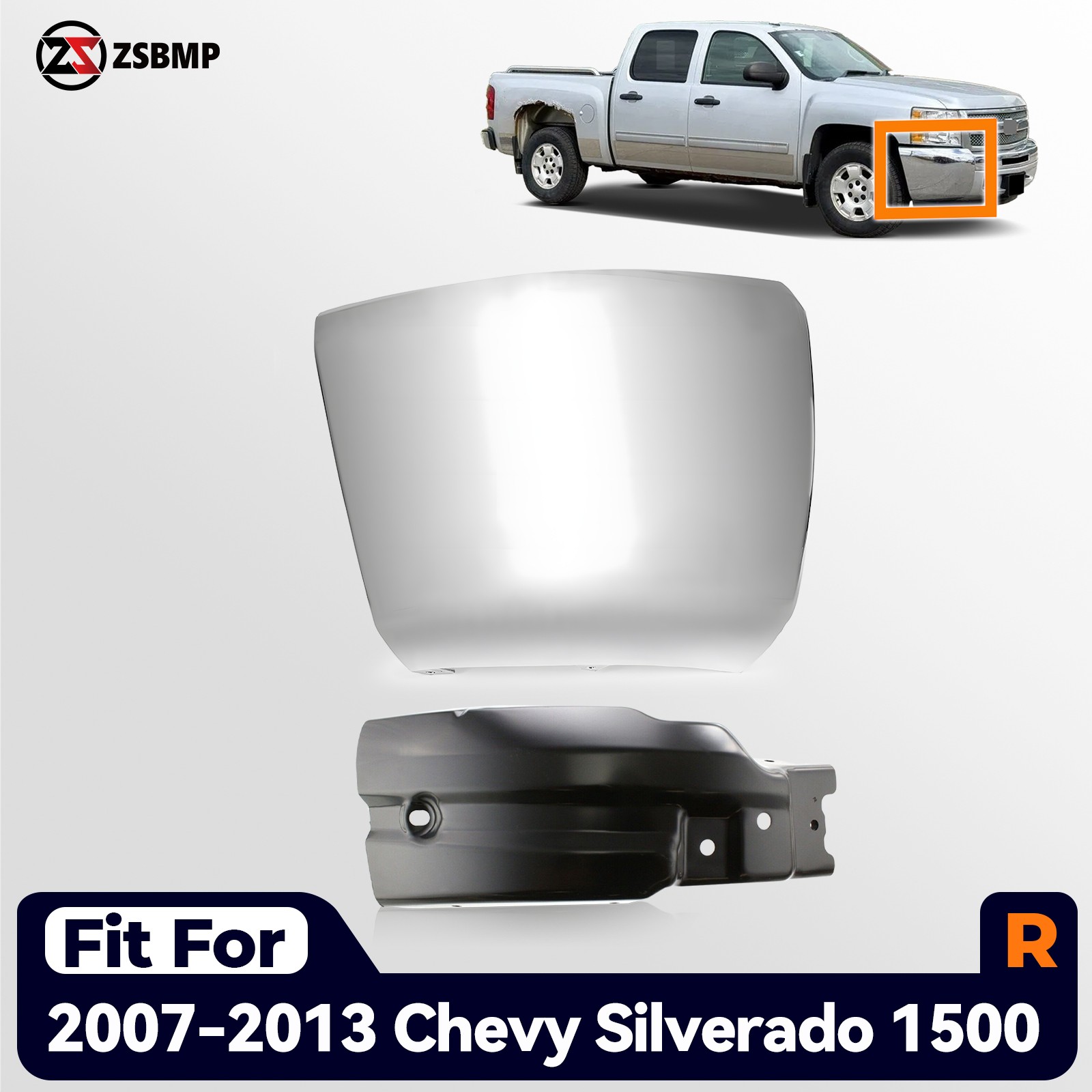 For 2007-2013 Chevy Silverado 1500 Front Bumper Ends Set w/o Fog Lamp Right Side