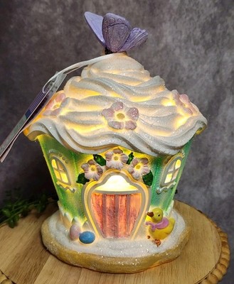 Easter Pastel Cupcake Gingerbread House LIGHT UP Figurine Tabletop Decor 9'' NEW
