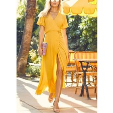 Lulus Much Obliged Golden Yellow Wrap Maxi Dress Size Large Wedding Guest