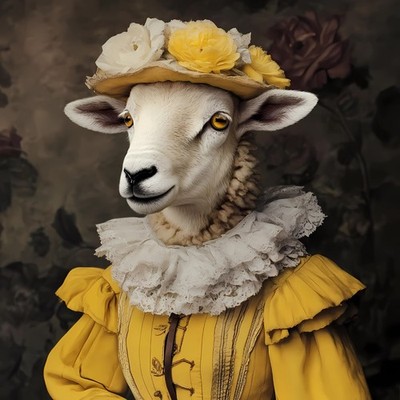 Dame Schaf Schaf gekleidet im Renaissance Stil Outfita gelbes Kleid ein spitzenartiges