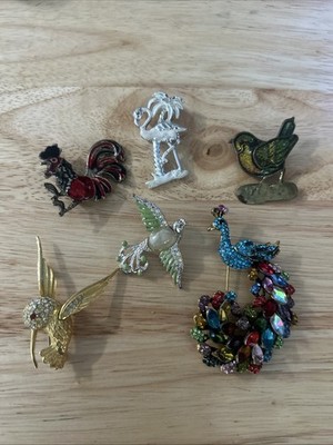 Set Of 6 Bird Brooches - Includes a Flamingo, Peacock, Rooster, Hummingbird