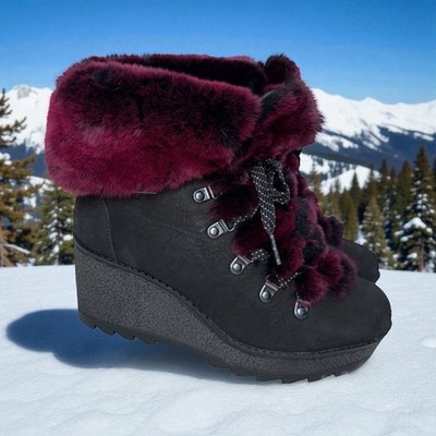 Cougar Penelope Genuine Rabbit Trim Waterproof Lace Up Wine Ankle Wedge Boots