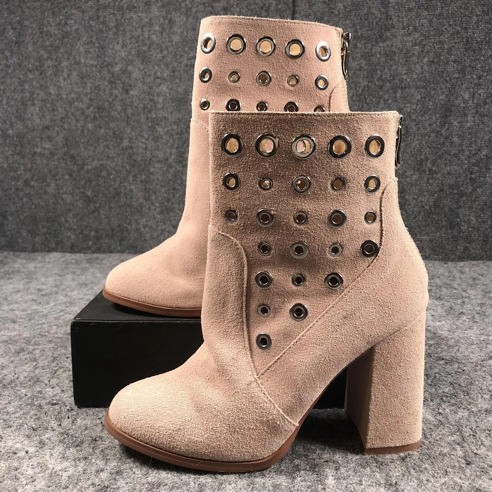 Botas de lavandería chinas para mujer talla 7,5 beige gamuza ojal tacón bloque al tobillo Foto 3 de 4
