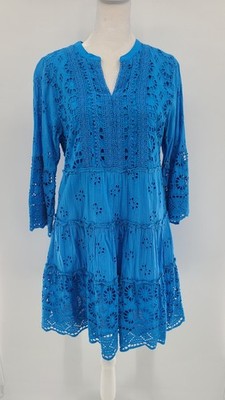 Soft Surroundings Eyelet Tiered Crochet Dress 8P Blue Fairy Cottagecore Boho