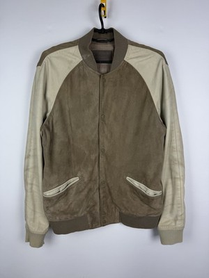 ALLSAINTS Academy Bomber Suede Leather Jacket Mens Size M Brown Beige Varsity