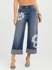 JESSICA SIMPSON BOYFRIEND JEANS ZINNIA DK WASH WIDE LEG ROLL HEM LG FLOWER SZ 18
