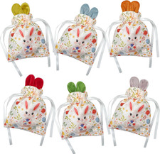 6 Pack Cute Easter Bunny Treat Bags for Kids, Plush Drawstring Candy Gift Bags w