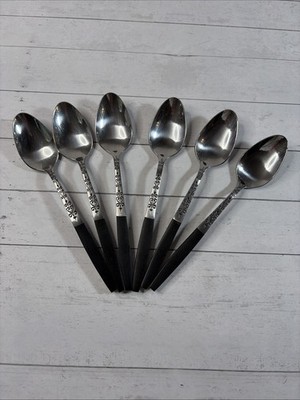 6 Interpur INR2 Stainless Teaspoons Black Handle Flatware MCM Japan 7'' Lot 1