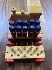 Pull A Long Wooden Train Set W/10 Peg Soldiers Vintage Counting Math Toy